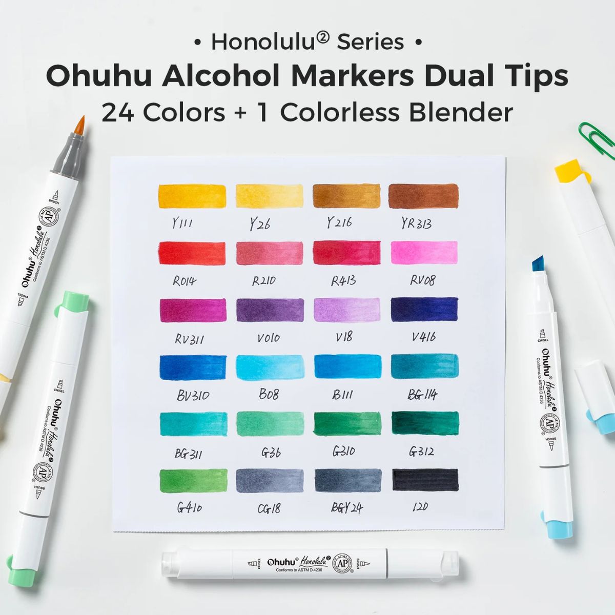 Ohuhu. Alcohol Markers  24 Βασικά Χρώματα Brush & Chisel - Image 4